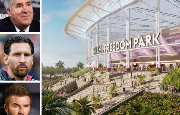 Inter Miami CF owner Jorge Mas, Lionel Messi, David Beckham, and a rendering of Miami Freedom Park.