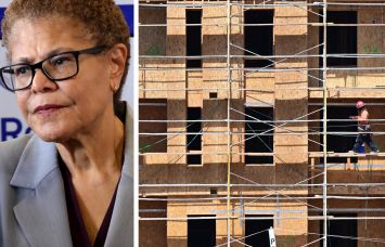 Los Angeles Mayor Karen Bass and an apartment complex under construction.