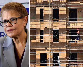 Los Angeles Mayor Karen Bass and an apartment complex under construction.