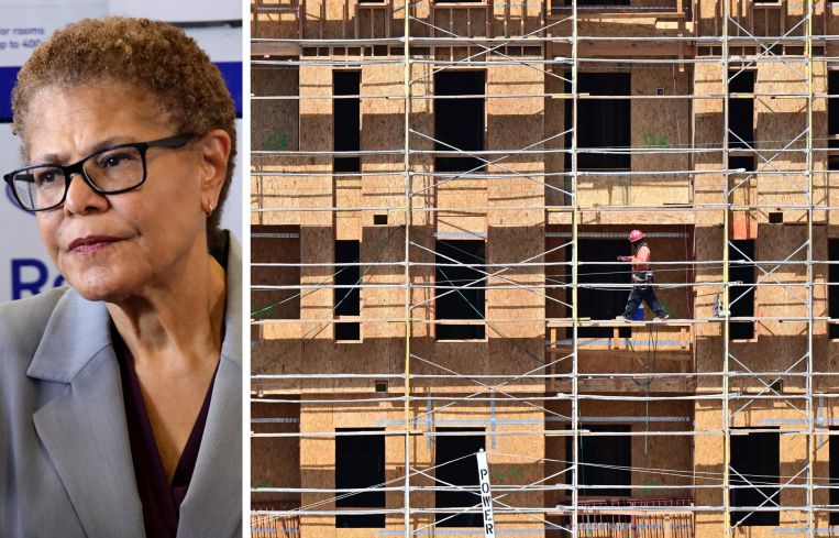 Los Angeles Mayor Karen Bass and an apartment complex under construction.
