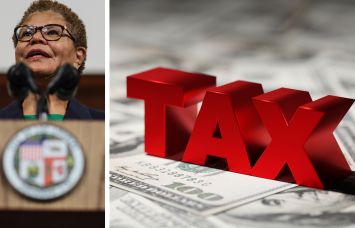 Los Angeles Mayor Karen Bass, and an illustration of TAX spelled out in blocks on dollar bills.