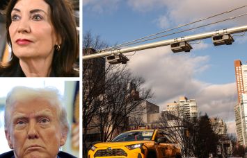 Gov. Kathy Hochul, President Donald Trump, and cars passing underneath congestion pricing toll cameras in Manhattan.