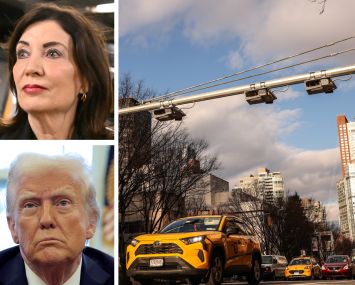 Gov. Kathy Hochul, President Donald Trump, and cars passing underneath congestion pricing toll cameras in Manhattan.