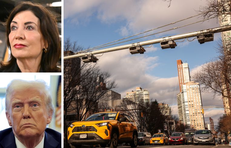 Gov. Kathy Hochul, President Donald Trump, and cars passing underneath congestion pricing toll cameras in Manhattan.