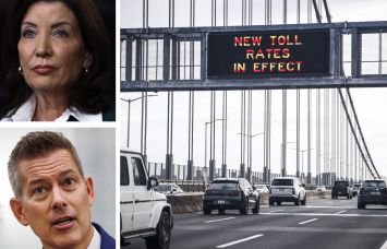 Gov. Kathy Hochul, Secretary of Transportation Sean Duffy, and cars cross the George Washington Bridge toward Manhattan.