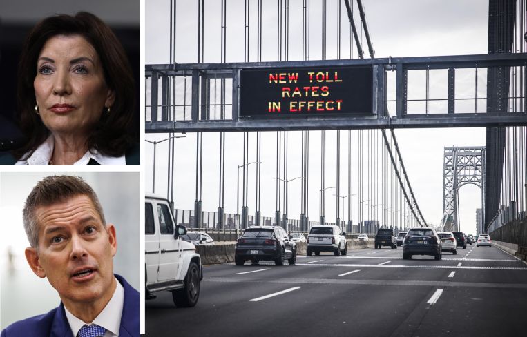 Gov. Kathy Hochul, Secretary of Transportation Sean Duffy, and cars cross the George Washington Bridge toward Manhattan.