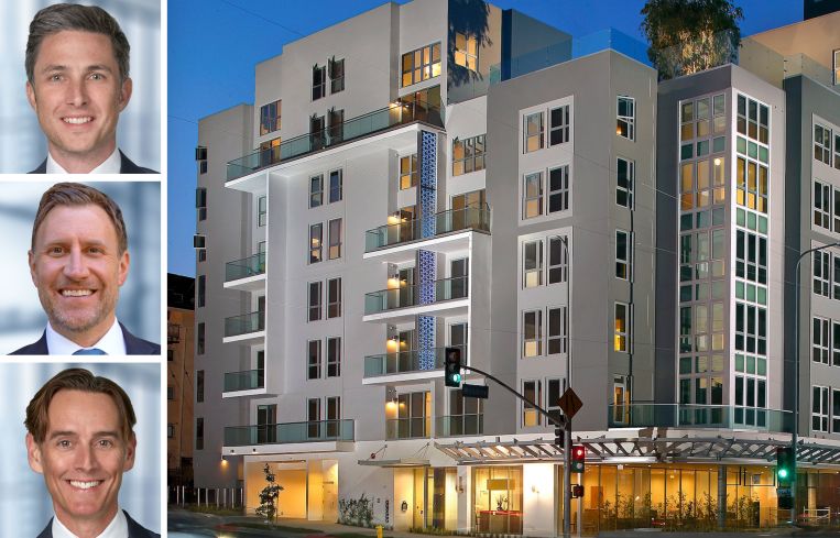 Institutional Property Advisors' Kevin Green, Joseph Grabiec and Greg Harris, and The BW apartments in Los Angeles.