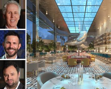 PMG's Kevin Maloney, Ryan Shear and Dan Kaplan, and a rendering of a restaurant at 38 West Eleventh Residences.