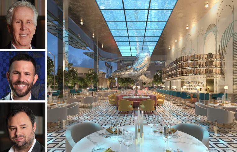 PMG's Kevin Maloney, Ryan Shear and Dan Kaplan, and a rendering of a restaurant at 38 West Eleventh Residences.