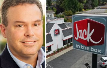 Lance Tucker, CEO of Jack in the Box, and a Jack in the Box restaurant.