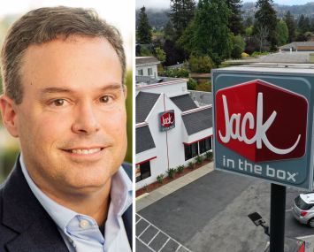 Lance Tucker, CEO of Jack in the Box, and a Jack in the Box restaurant.
