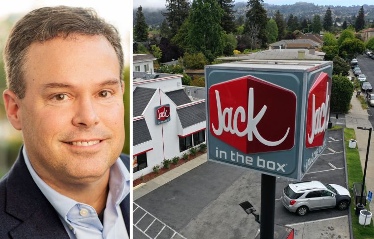 Lance Tucker, CEO of Jack in the Box, and a Jack in the Box restaurant.