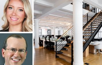 Nomad Group's Megan Gallagher and David Greene, and the 9th floor of 30 West 21st Street.