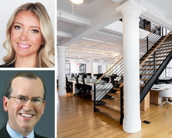 Nomad Group's Megan Gallagher and David Greene, and the 9th floor of 30 West 21st Street.