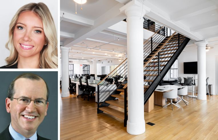 Nomad Group's Megan Gallagher and David Greene, and the 9th floor of 30 West 21st Street.