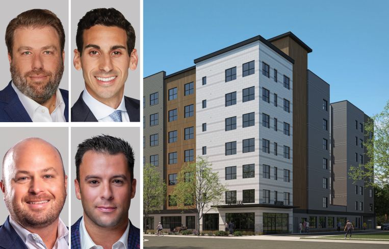 Berkadia's Mitch Sinberg, Scott Wadler, Brad Williamson and Matthew Robbins, and a Rendering of The Astoria, a 149-unit multifamily in Salt Lake City.