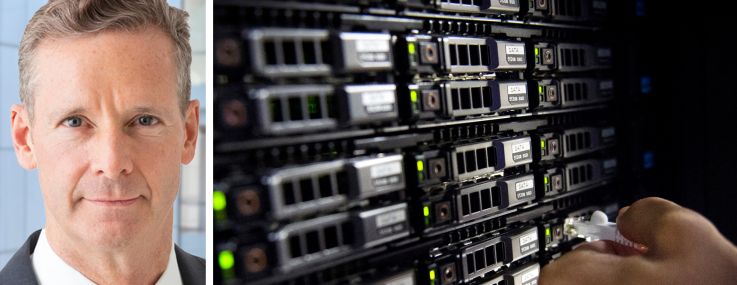 Morgan Laughlin, PGIM's global head of data center investment, and servers at a data center.