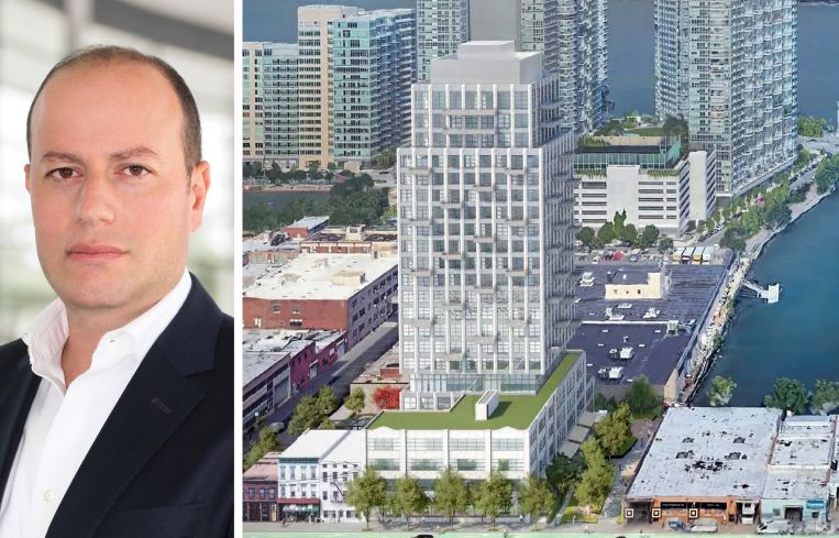 Arrow Real Estate Advisors's Morris Betesh and a rendering of 45-40 Vernon Boulevard, Queens.