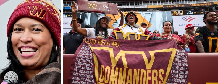 Washington, D.C., Mayor Muriel Bowser and Washington Commanders fans at a home game.