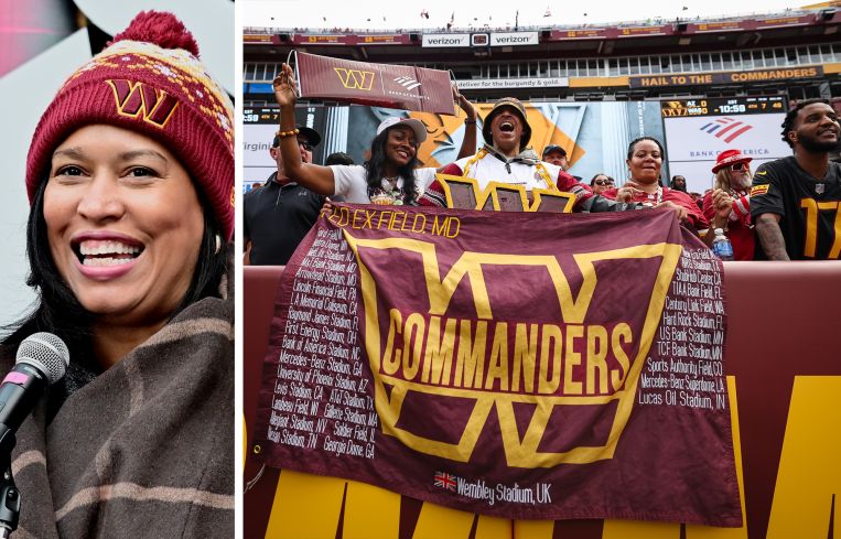 Washington, D.C., Mayor Muriel Bowser and Washington Commanders fans at a home game.