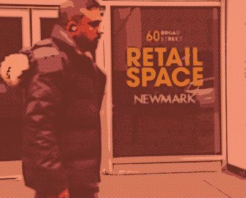 A pedestrian walks past a sign advertising available retail space.