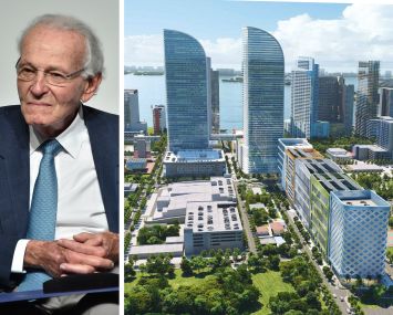 Norman Braman and a rendering of a proposed redevelopment of Braman Motors Edgewater campus in Miami.