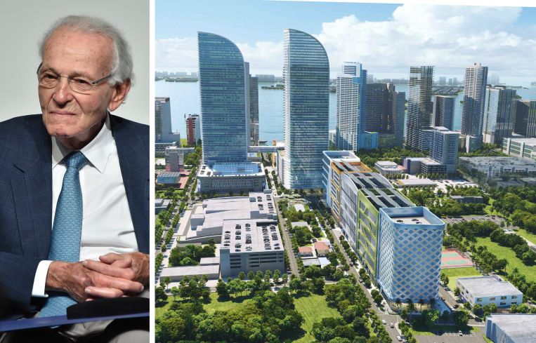 Norman Braman and a rendering of a proposed redevelopment of Braman Motors Edgewater campus in Miami.