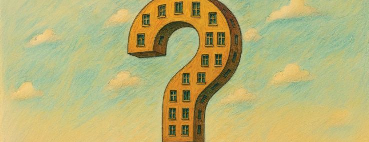 Art of an question mark made up of apartment buildings.