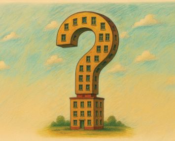 Art of an question mark made up of apartment buildings.