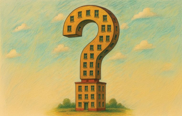 Art of an question mark made up of apartment buildings.