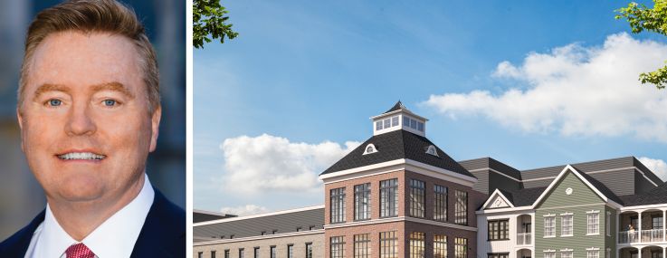 Bank OZK's Richard Smith and a rendering of the Heritage Westminster multifamily project in West Hempstead, Long Island.