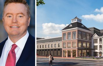 Bank OZK's Richard Smith and a rendering of the Heritage Westminster multifamily project in West Hempstead, Long Island.