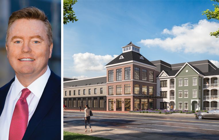 Bank OZK's Richard Smith and a rendering of the Heritage Westminster multifamily project in West Hempstead, Long Island.