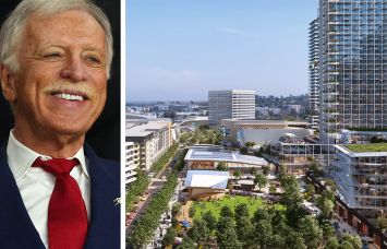 Los Angeles Rams owner Stan Kroenke and a rendering of Rams Village at Warner Center.