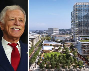 Los Angeles Rams owner Stan Kroenke and a rendering of Rams Village at Warner Center.