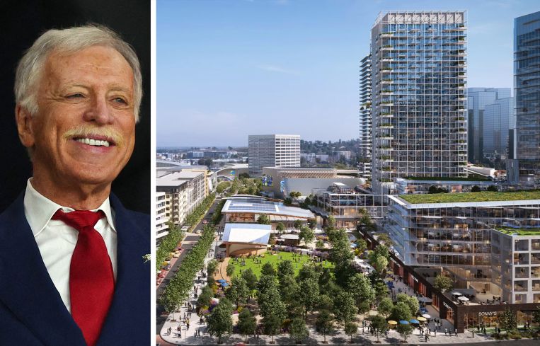 Los Angeles Rams owner Stan Kroenke and a rendering of Rams Village at Warner Center.