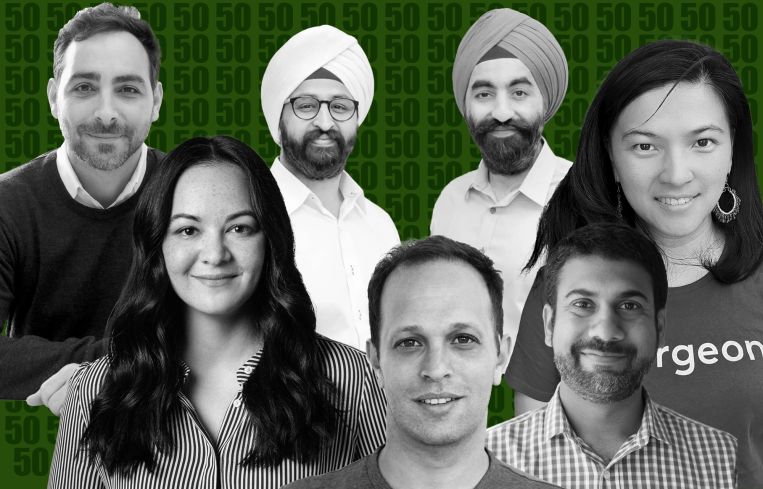 From left: Matias Recchia of Keyway, Minna Song of Elise AI, Harman Singh Narula and SJ Sawhey of Canary Technologies, Noam Ben-Zvi of Placer.ai, Jeevan Kalanithi of Openspace, and Jiayue Jenny He of Ergeon.