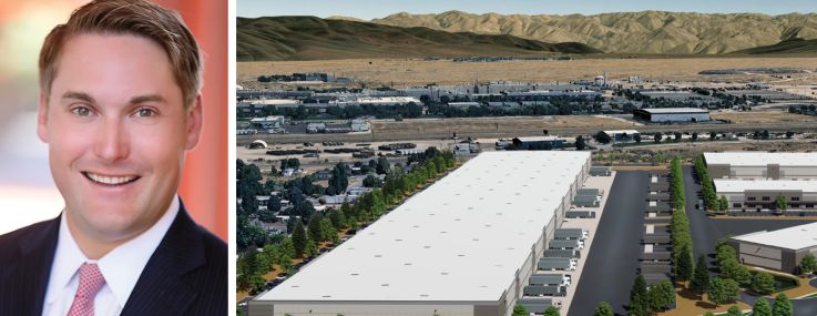 Tom Burns of Affinius Capital and a rendering of Eastport Logistics in Boise, Idaho.