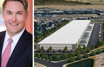 Tom Burns of Affinius Capital and a rendering of Eastport Logistics in Boise, Idaho.