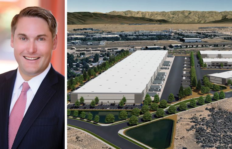 Tom Burns of Affinius Capital and a rendering of Eastport Logistics in Boise, Idaho.