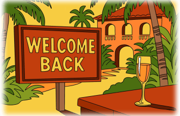 An illustration of a Welcome Back sign with a glass of champagne at a hotel.
