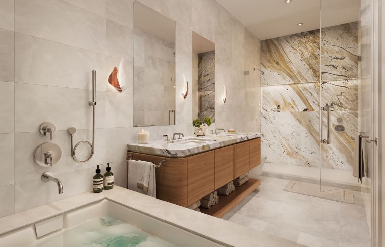 The bathrooms at the Armorie will feature frosted glass-enclosed showers and deep Kohler soaking tubs.