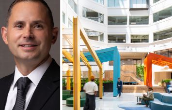 Gilbane Building Company's CEO Adam Jelen and inside Ballston Exchange, Arlington, Va.