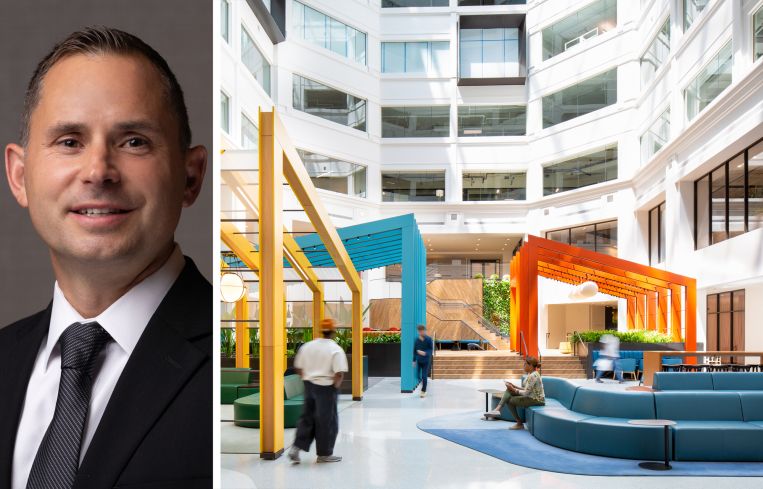 Gilbane Building Company's CEO Adam Jelen and inside Ballston Exchange, Arlington, Va.