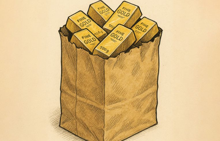 Gold inside a brown paper shopping bag.