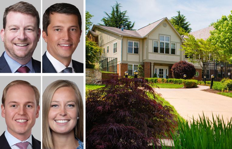 Berkadia's Brian Gould, Patrick McGlohn, Miles Drinkwalter, and Natalie Hershey, and Amberleigh Apartments in Fairfax, Va.