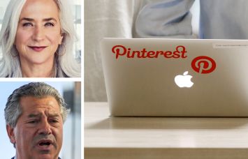 PGIM's Cathy Marcus, SL Green's Marc Holliday, and a Pinterest sticker on a laptop.