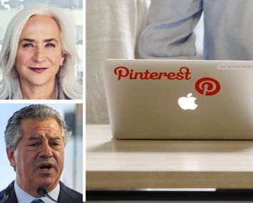 PGIM's Cathy Marcus, SL Green's Marc Holliday, and a Pinterest sticker on a laptop.