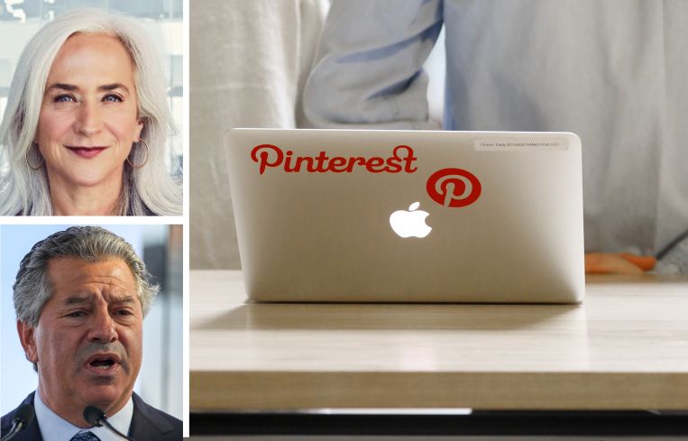 PGIM's Cathy Marcus, SL Green's Marc Holliday, and a Pinterest sticker on a laptop.