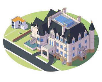 Illustration of a giant castle next to a smaller house.